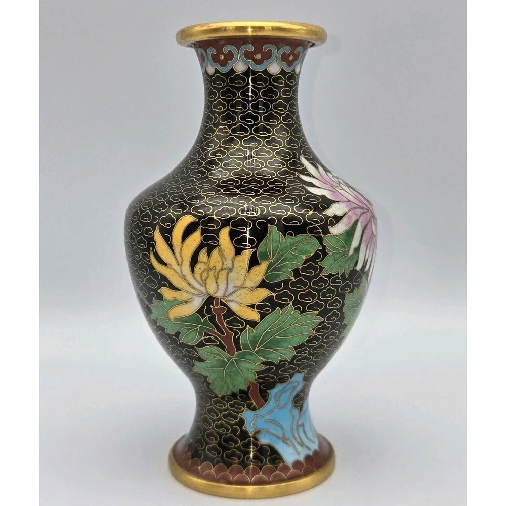 Chinese Cloisonne Bud‎ Vase Black Pink Floral Clouds Enamel Brass MCM 6.25